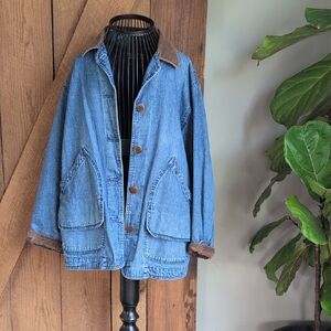 Lands' End Blue Denim Jacket with Brown Accents
